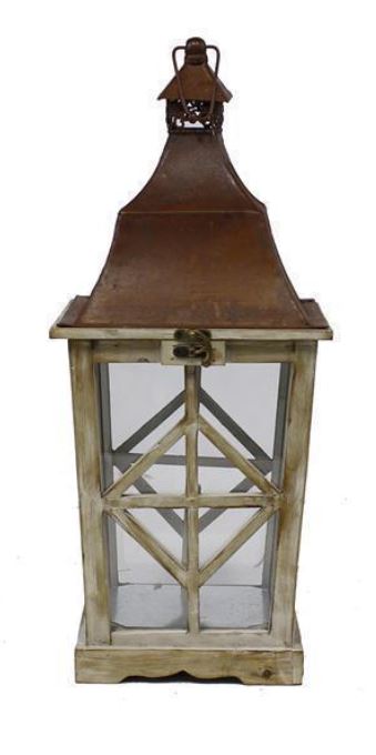 Brown Wood Glass Tin Lantern With Hanger