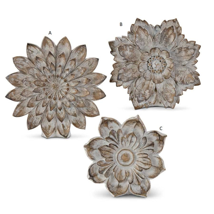 Whitewashed Carved Resin Tabletop Flowers - Set of 3