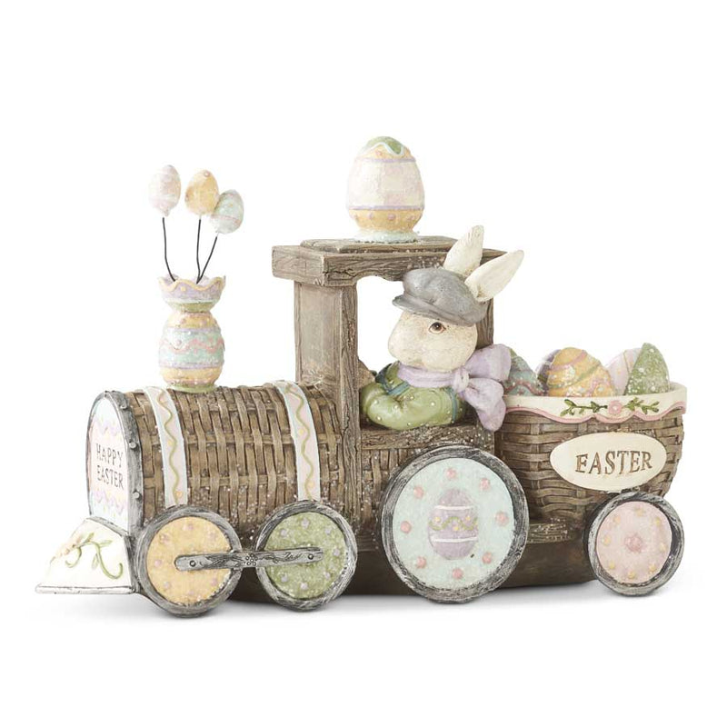 Decorative Easter train with a rabbit figure and Easter eggs on a white background