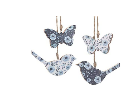 Set of four floral-patterned bird and butterfly ornaments on a white background