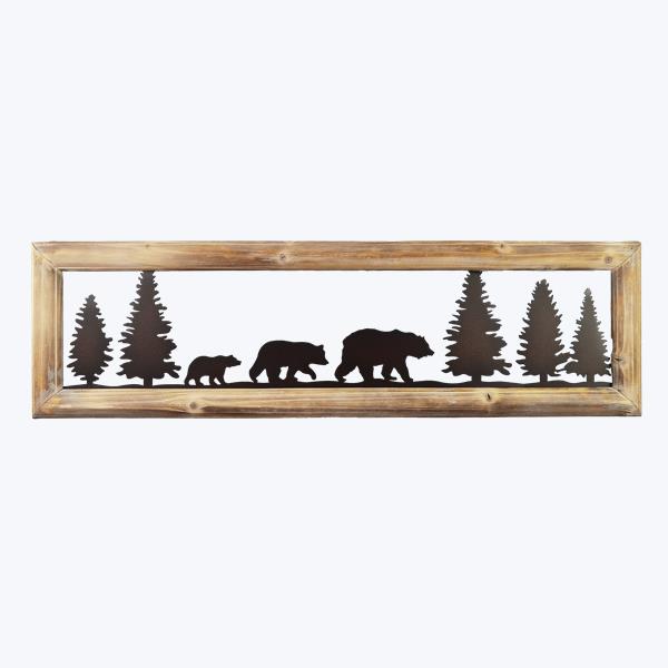 Wood Framed Metal Bear Family Cut Out Wall Art
