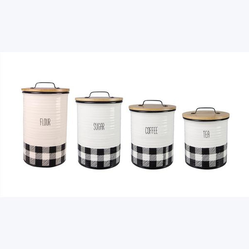 Set of four kitchen storage canisters with checkered patterns on a white background