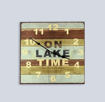 Wooden wall clock with 'On Lake Time' text on a light gray background