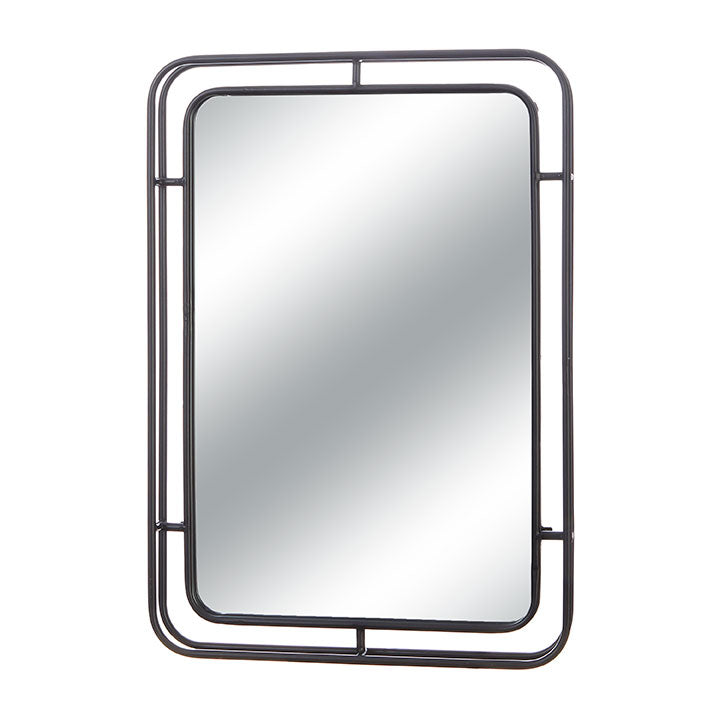 Rectangular mirror with a black metal frame on a white background