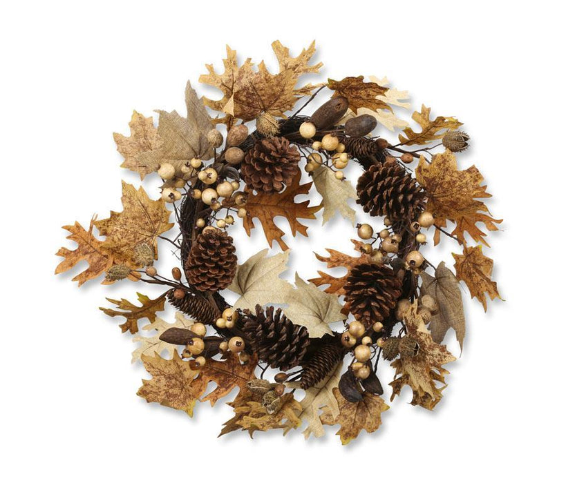 Burlap Maple and Oak Leaf Wreath with Pinecones - 24"