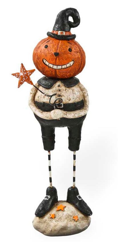 Halloween-themed decorative figure with a pumpkin head, black hat, and striped legs on a white background.