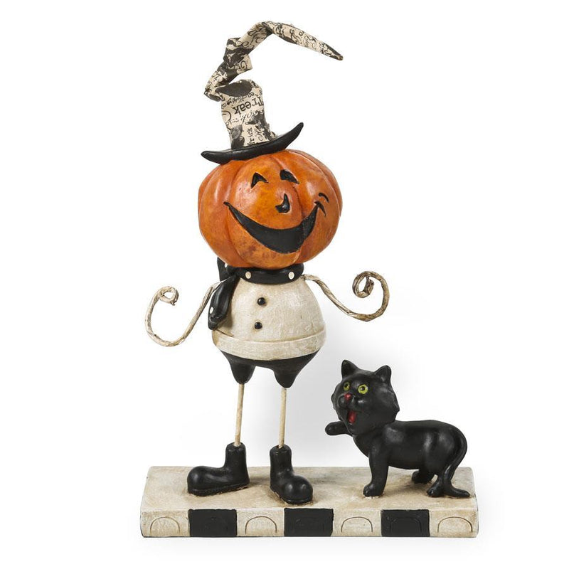 Halloween-themed figurine with a pumpkin head, black cat, and top hat on a white background