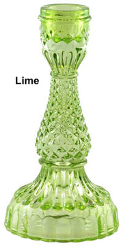 A collection of Bella Candle Holders in various colors. These vintage-inspired glass holders have a pressed and lacquered design, standing 4 inches wide by 8.