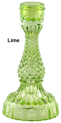 A collection of Bella Candle Holders in various colors. These vintage-inspired glass holders have a pressed and lacquered design, standing 4 inches wide by 8.