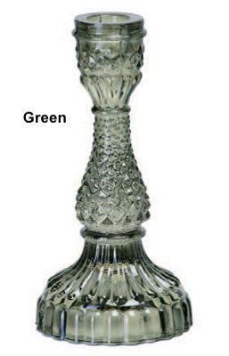 A collection of Bella Candle Holders in various colors. These vintage-inspired glass holders have a pressed and lacquered design, standing 4 inches wide by 8.