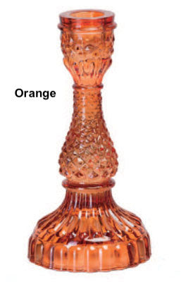 A collection of Bella Candle Holders in various colors. These vintage-inspired glass holders have a pressed and lacquered design, standing 4 inches wide by 8.