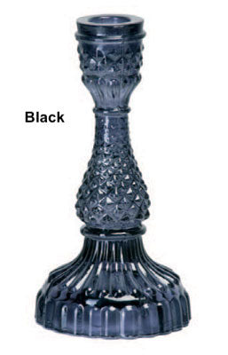 A collection of Bella Candle Holders in various colors. These vintage-inspired glass holders have a pressed and lacquered design, standing 4 inches wide by 8.