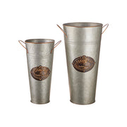 Two metal flowerpots with 'Flowers & Gardens' branding on a white background