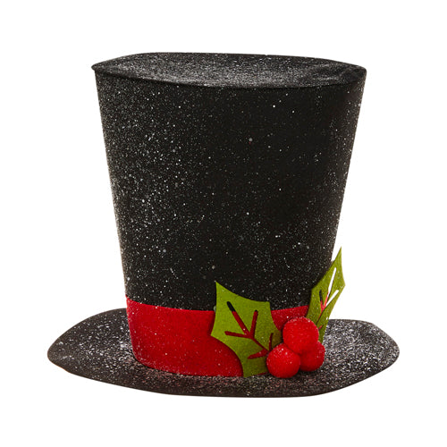 Black glittery top hat with red and green decorations on a white background