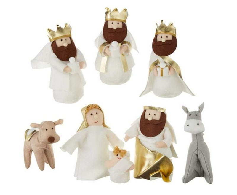 Set of nativity scene figurines including kings, angels, and animals on a white background