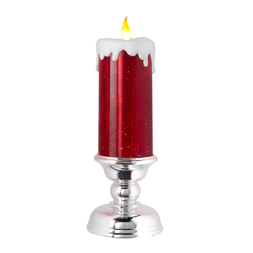 Red Pedestal Lighted Candle with Swirling Glitter