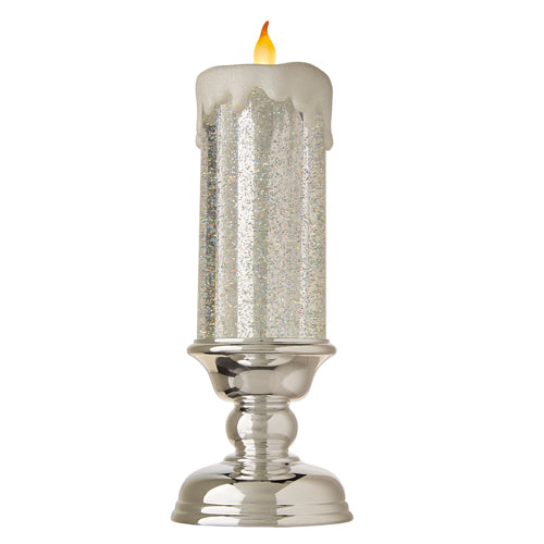 Silver Pedestal Lighted Candle with Swirling Glitter