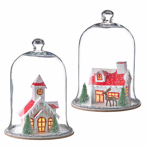 Cloche with Lighted House -  Set of 2