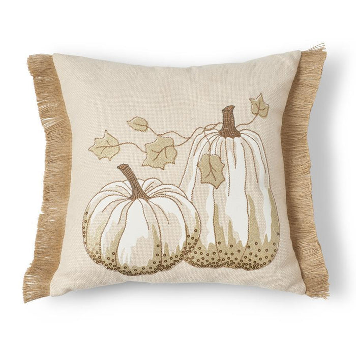 Cream Square Pillow with Tan Fringe and Embroidered Pumpkin