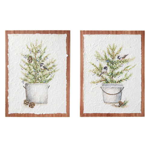 Potted Tree with Birds Textured Paper on Wood Wall Art- Set