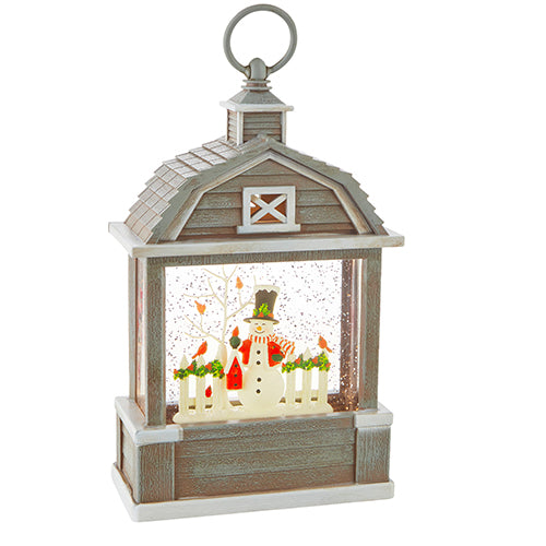 Snowman With Cardinals Lighted Water Barn