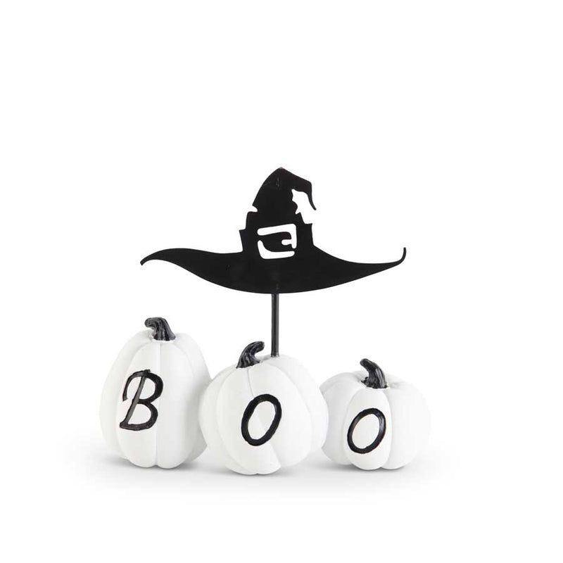 Halloween-themed decorative set with white pumpkins and a black witch hat on a white background