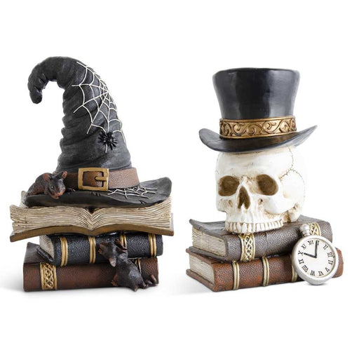 Decorative items including a witch hat, books, and a skull with a top hat on a white background