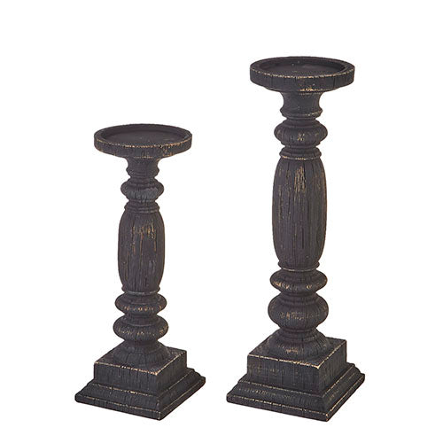 Black Wood Embossed Candle Holders - Set of 2