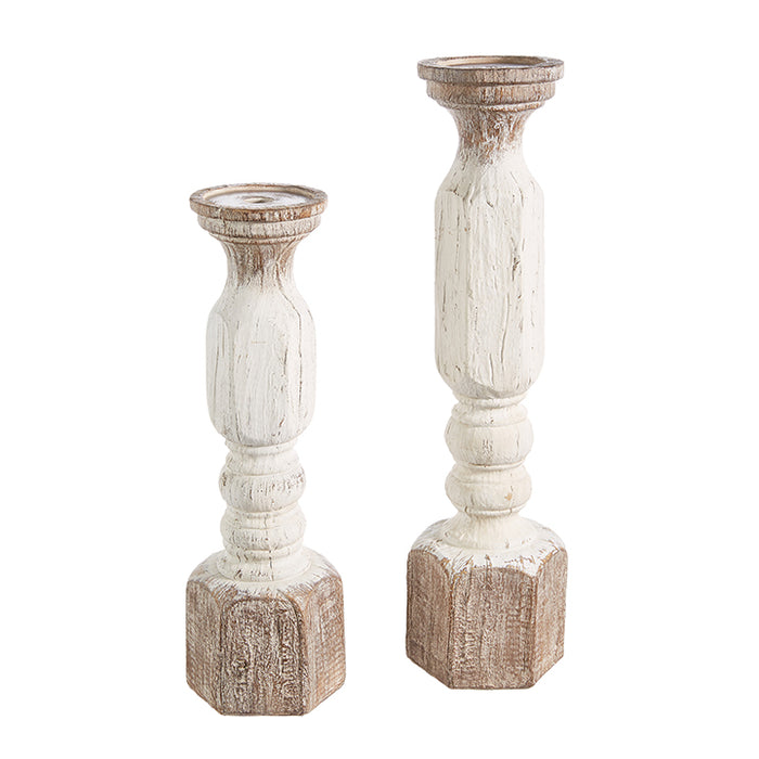 White Wood Embossed Candle Holders - Set of 2