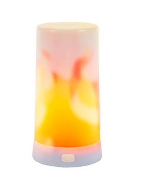 Cylindrical lamp with colorful flame-like design on a white background