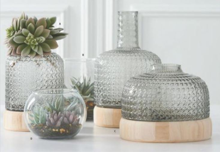 Gray Textured Glass Vase w/ Wood Bases