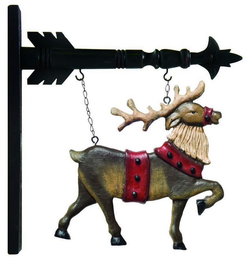 Decorative reindeer ornament with a red harness hanging from an arrow-shaped stand.