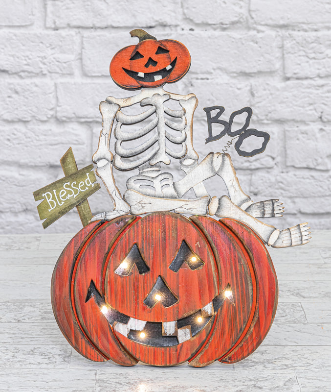 Skeleton Jack-O-Lantern Easel With LED