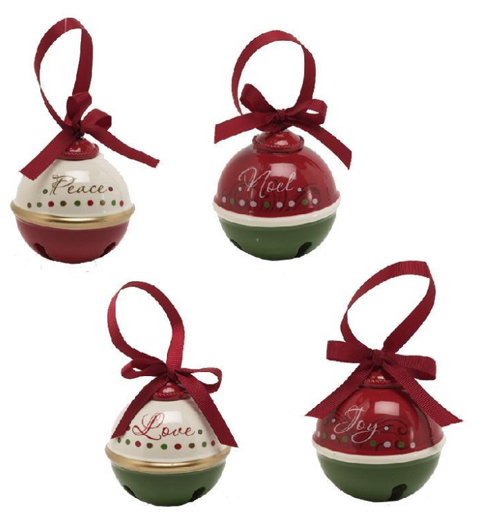 Four Christmas ornaments with red ribbons and text on a white background