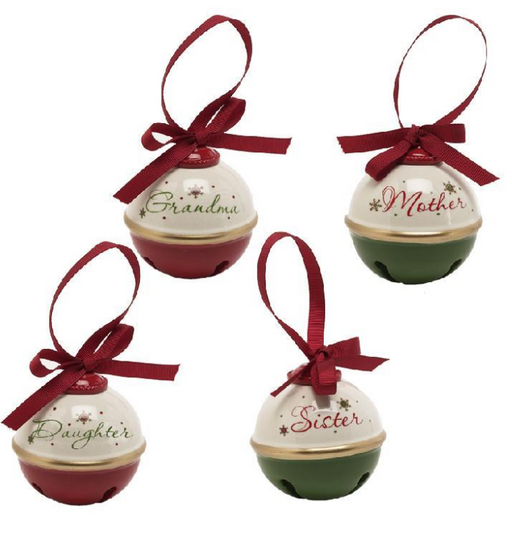 Set of four Christmas ornaments with red bows and names on a white background