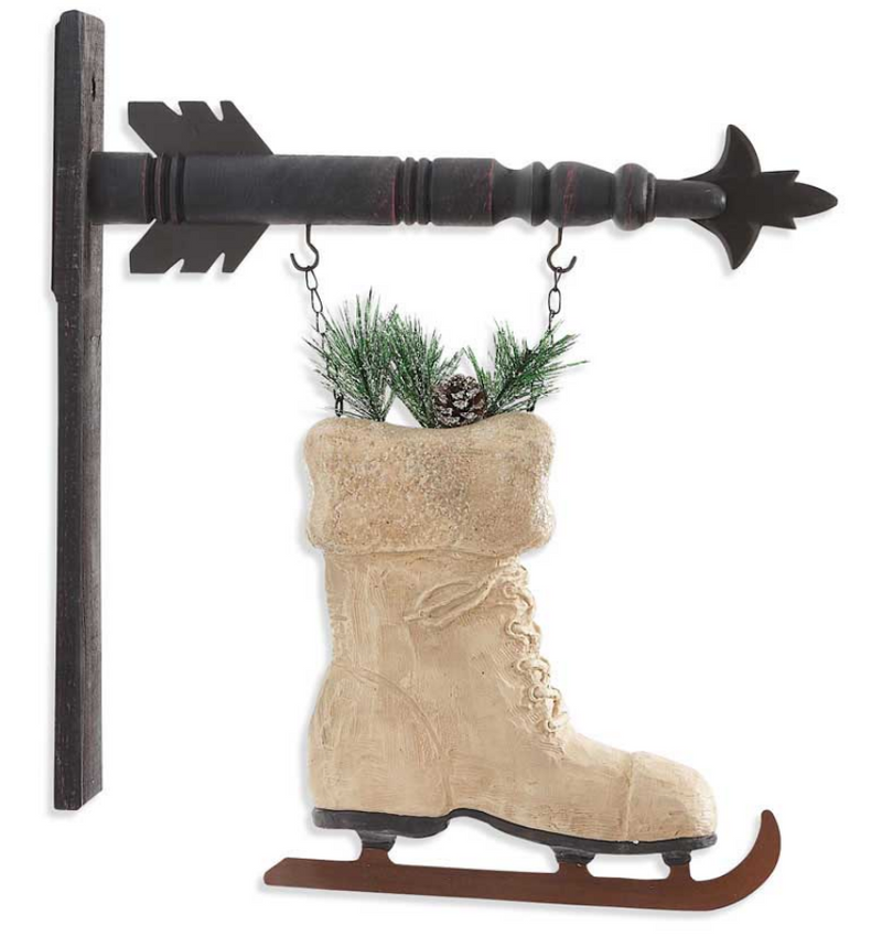 Decorative ice skate boot with a black arrow on a white background