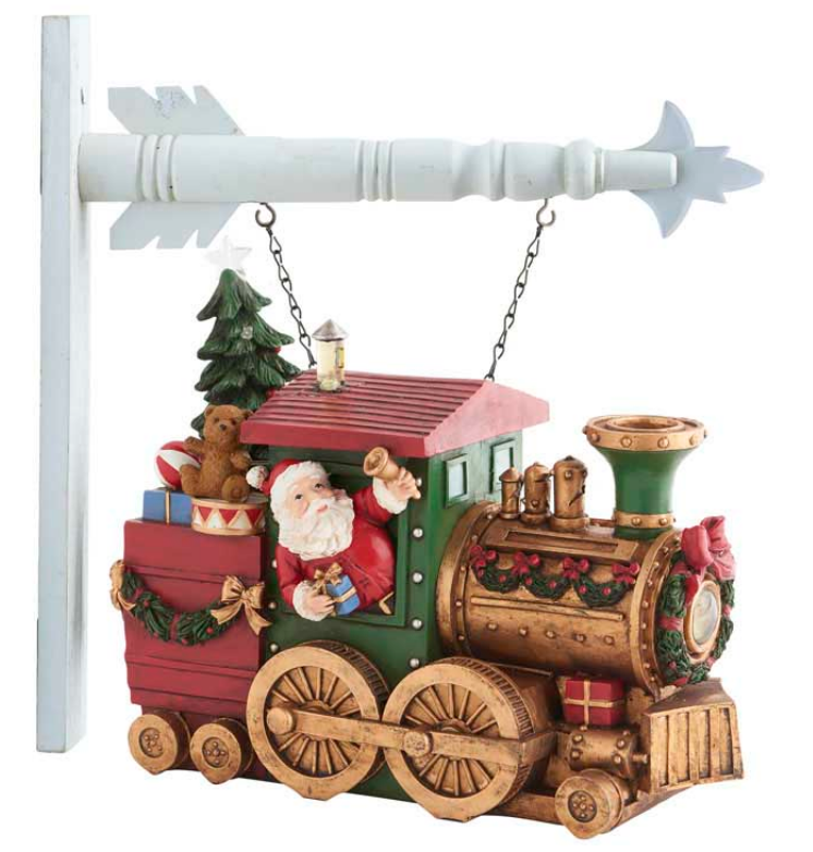 Decorative Christmas train ornament with Santa Claus on a white background