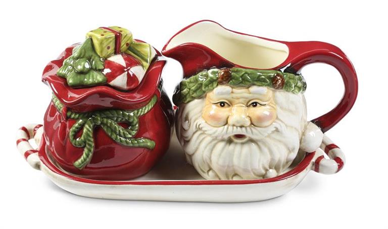 Santa & Gift Bag Sugar and Creamer Set w/ Tray