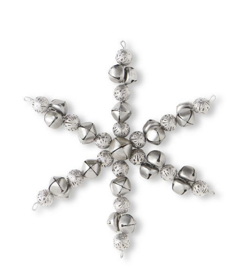 Silver snowflake ornament with clear crystals on a white background