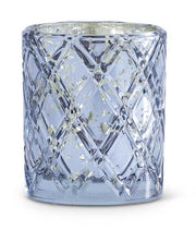 Decorative glass candle holder with a textured pattern on a white background