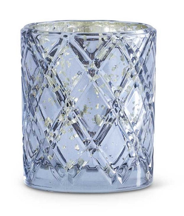 Decorative glass candle holder with a textured pattern on a white background
