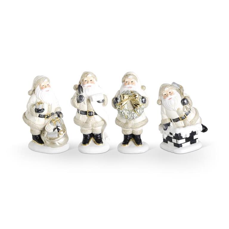 Four decorative Santa Claus figurines with gold accents on a white background
