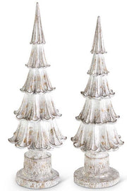 Two decorative Christmas trees with a distressed white finish on a white background