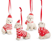Set of four dog-shaped Christmas ornaments in red and white attire on a white background