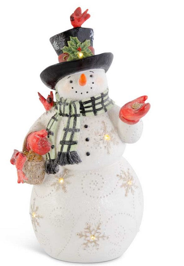 Decorative snowman figurine with a top hat, scarf, and red birds on a white background