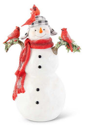 Decorative snowman figurine with red scarf, plaid hat, and red birds on a white background