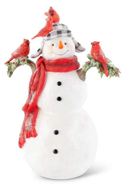 Decorative snowman figurine with red scarf, plaid hat, and red birds on a white background