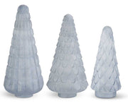 Three textured glass Christmas tree figurines on a white background
