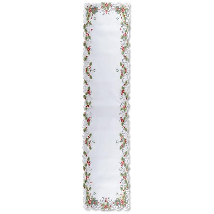 White Embroidered Cutout Holly w/Berries Christmas Runner - 70"
