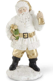 Decorative figurine of a Santa Claus holding a bell and gift on a white background